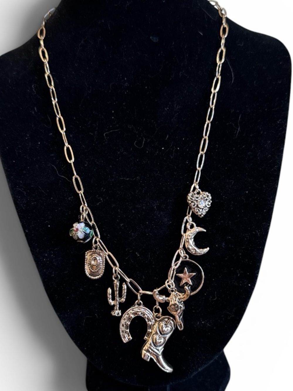 Gold-Tone Western Charm Necklace with Moon, Horseshoe & Heart Accents